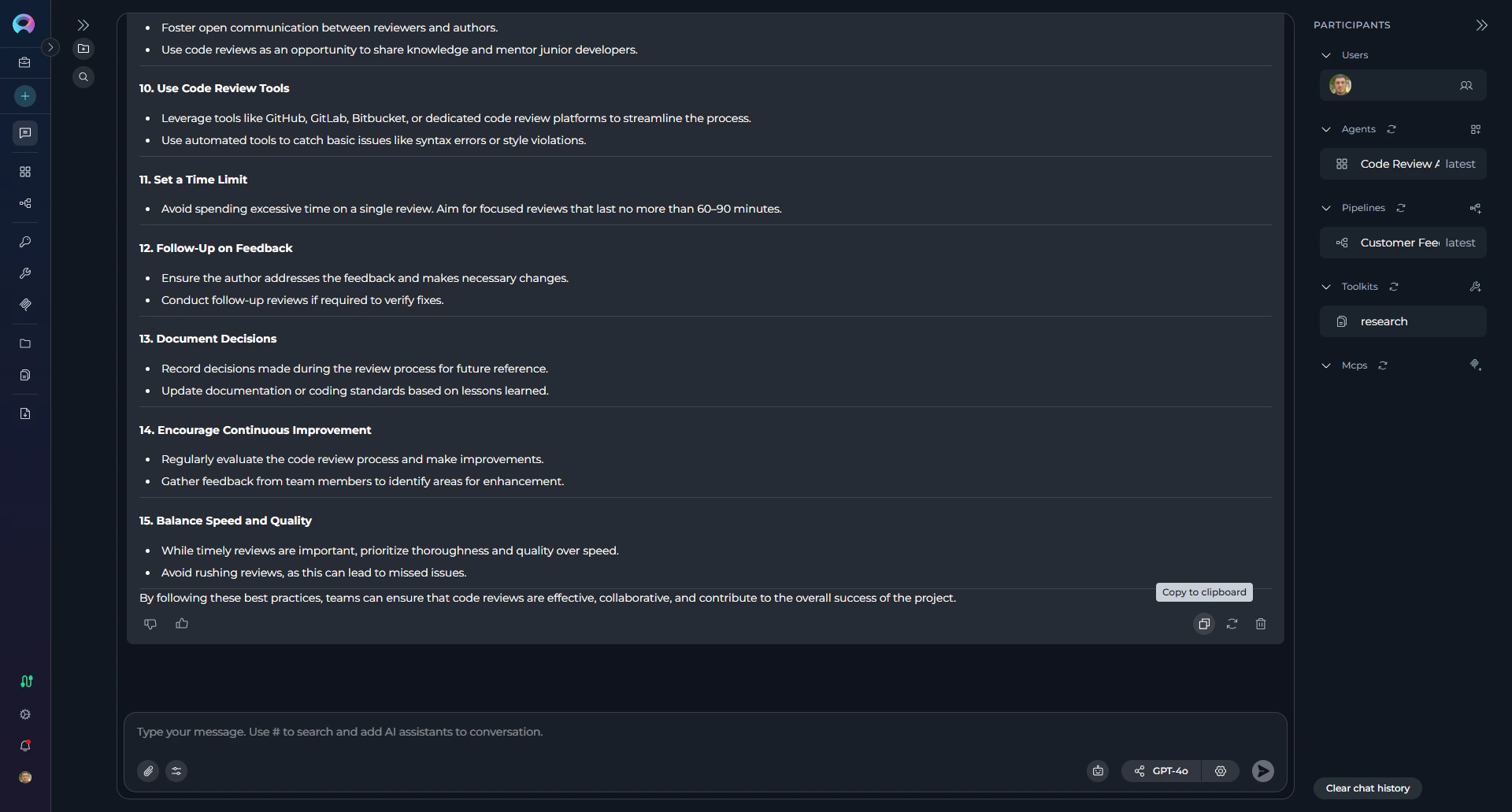 Message hover menu showing copy, regenerate options
