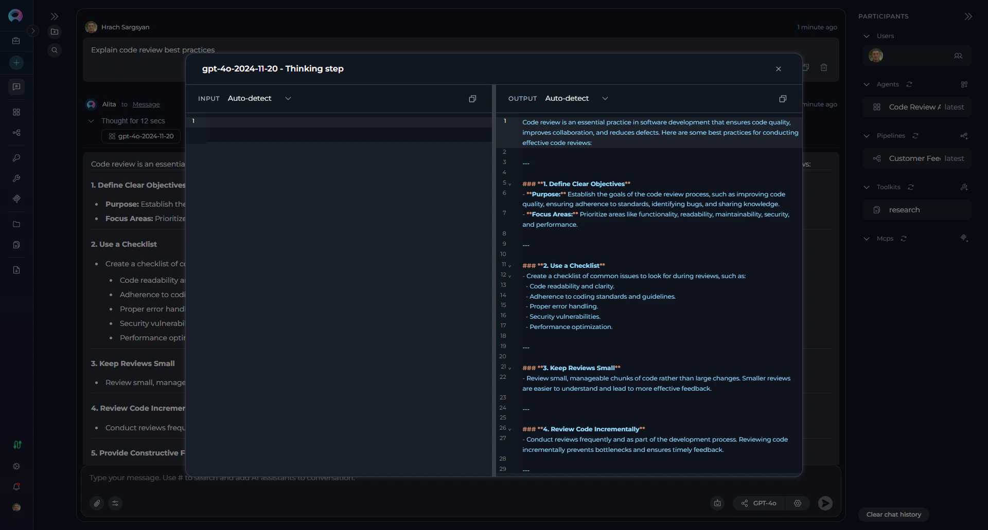 Expanded message showing execution logs and token usage