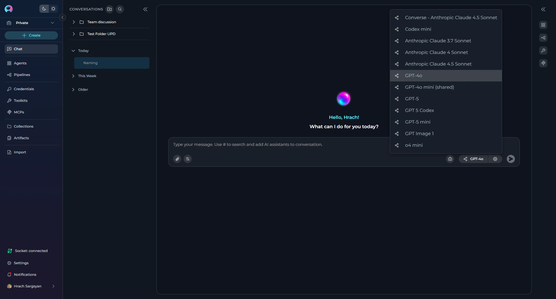 AI model selection dropdown in chat interface