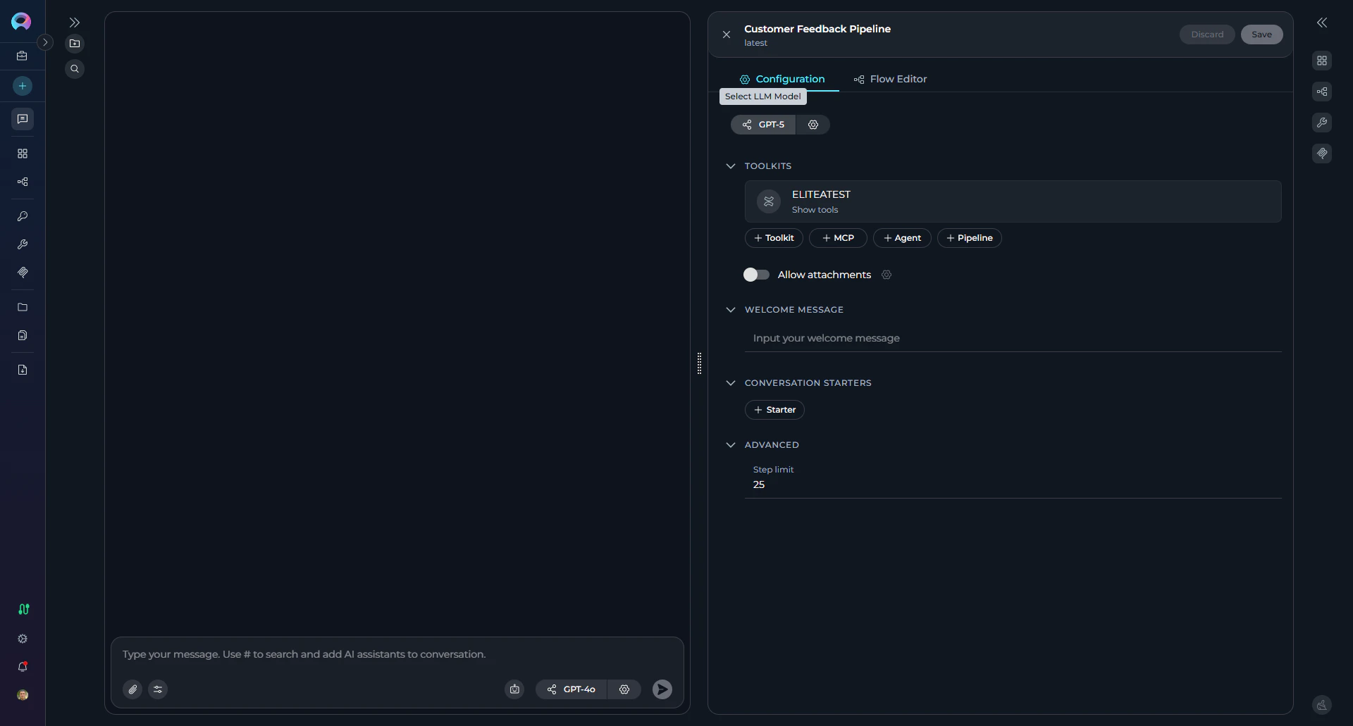 Pipeline configuration tab with model and toolkit options