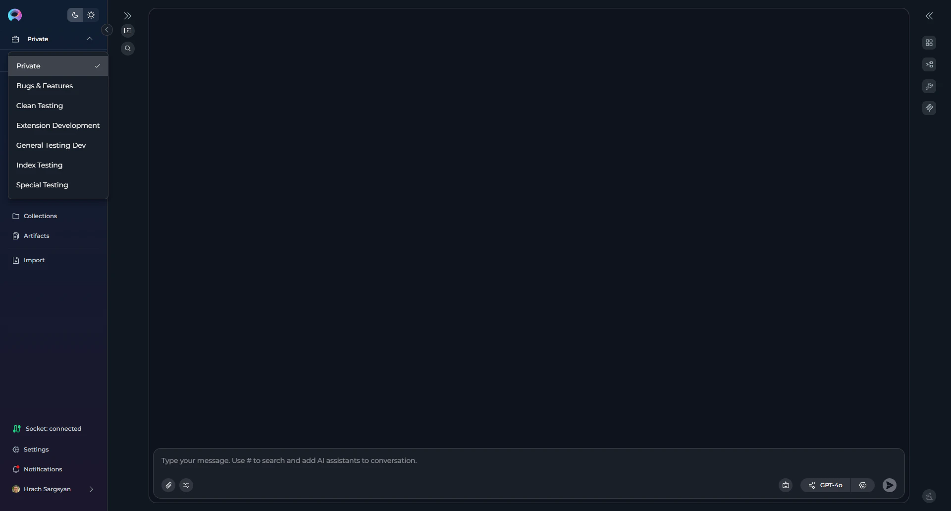 Project selector dropdown showing Private and Team projects