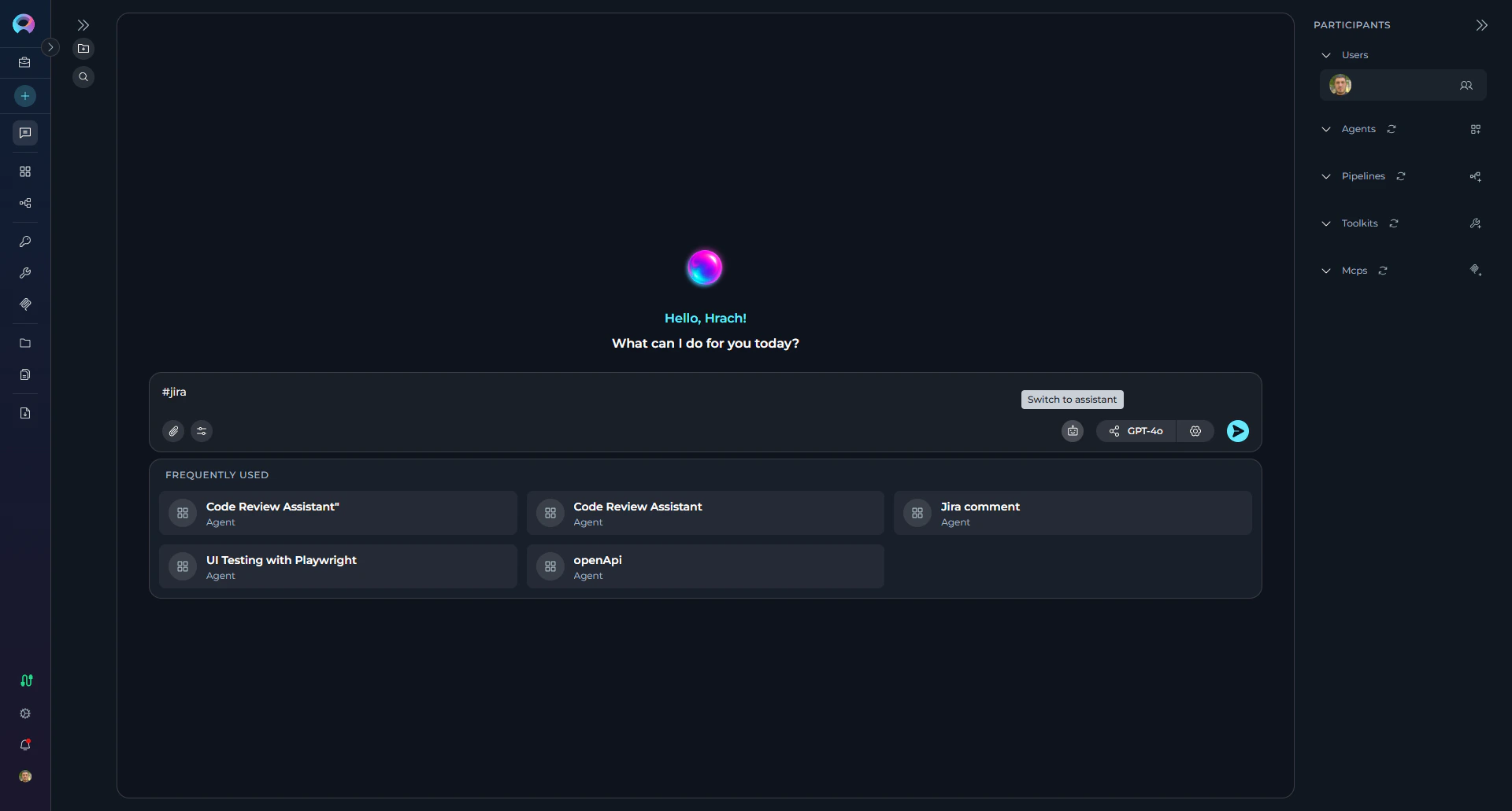 Assistant switcher showing available agents and pipelines