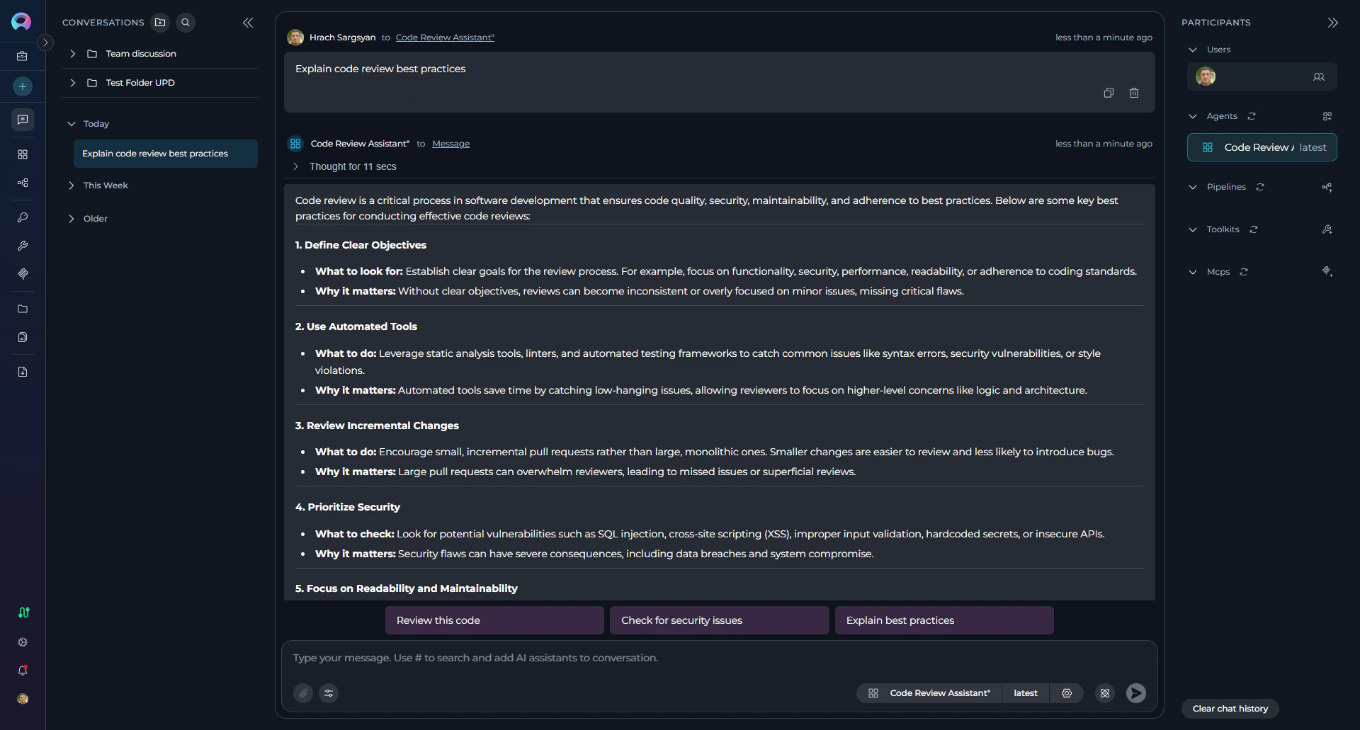 Testing agent in chat with active state highlighted