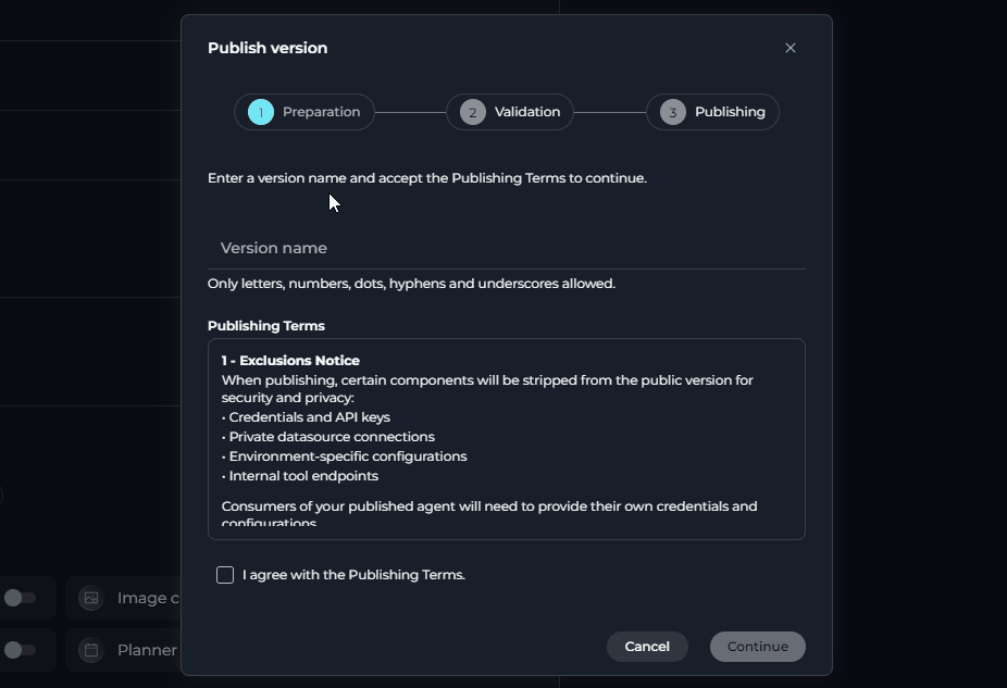 Preparation step of the Publish wizard