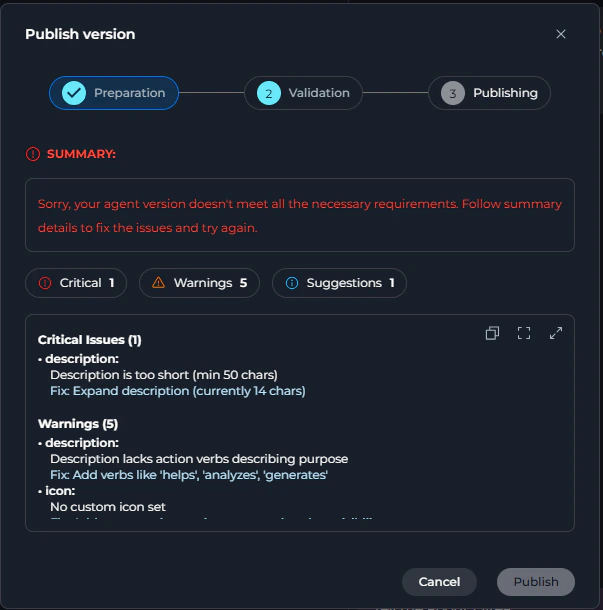 Validation result panel