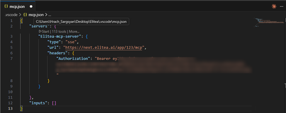 Add Token to mcp json