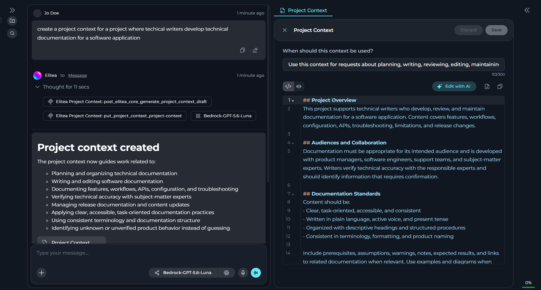 A chat-generated entity opened in the Canvas area next to the chat.