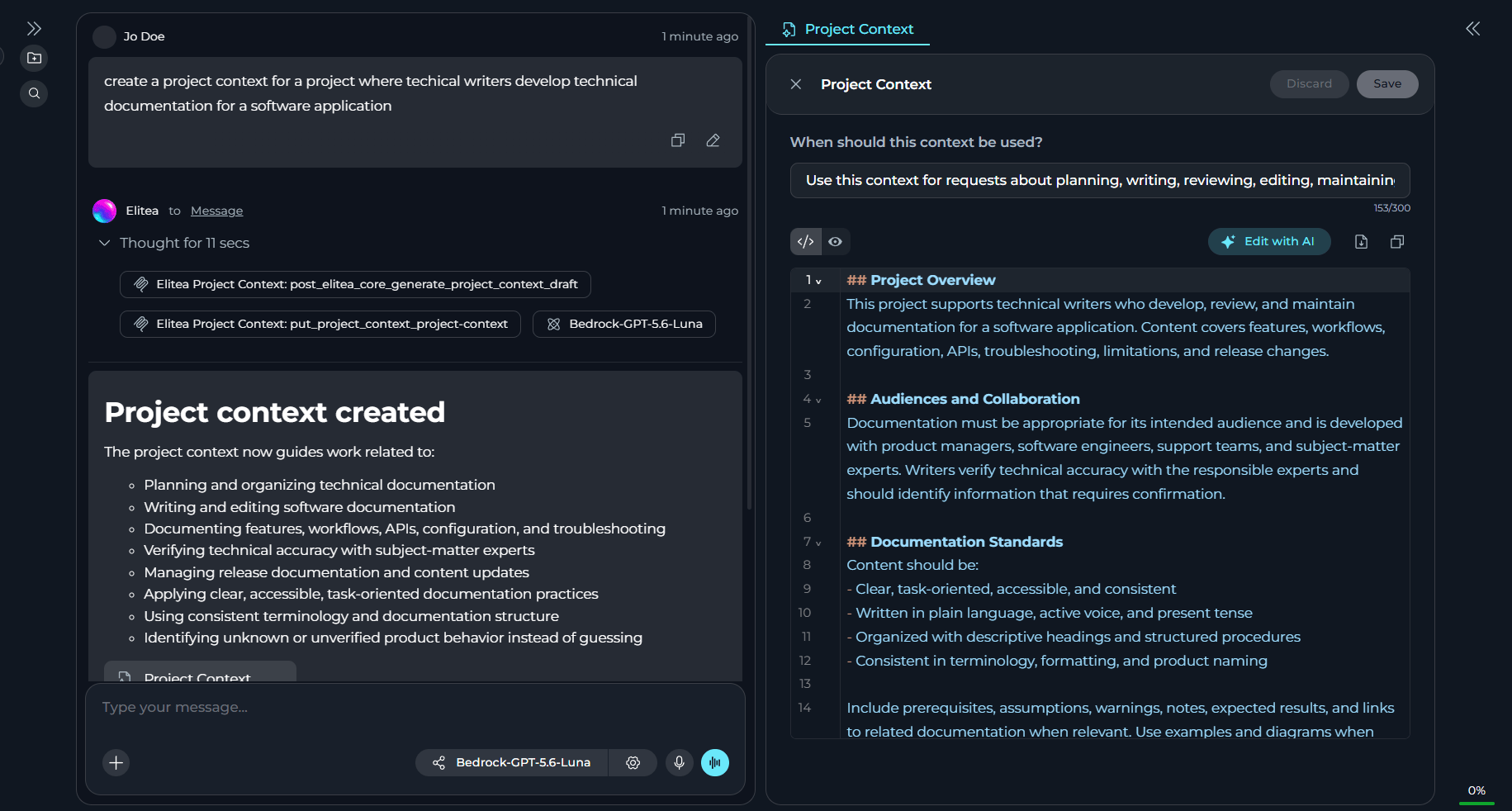 A chat-generated entity opened in the Canvas area next to the chat.