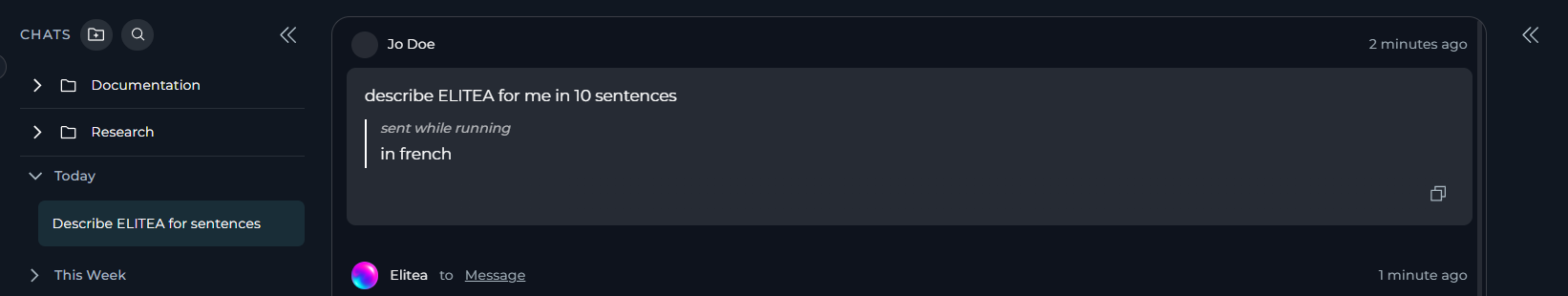 The chat input field with a Send to the running agent button shown during response generation.