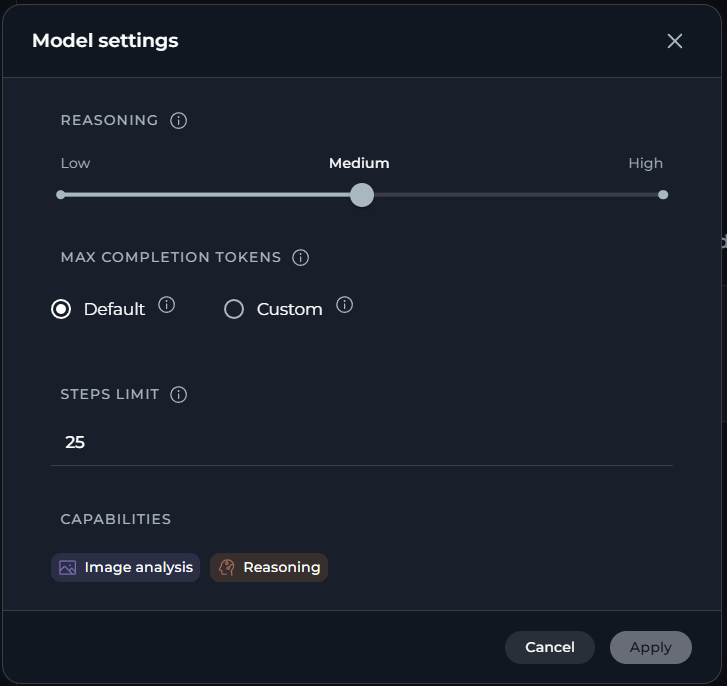 The reasoning level setting in model settings for a reasoning model.