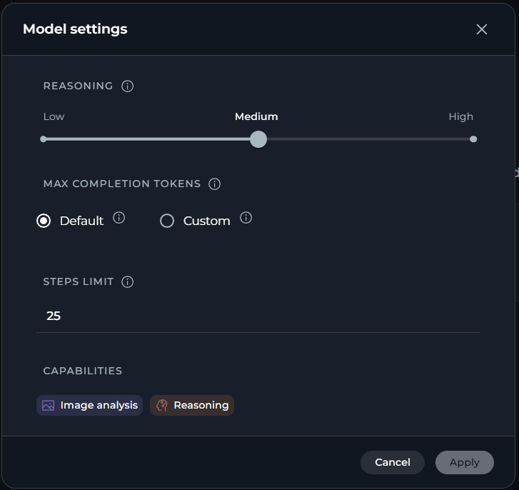 The reasoning level setting in model settings for a reasoning model.
