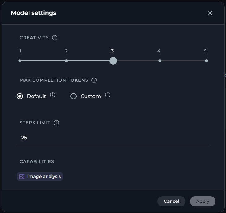 The creativity level setting in model settings for a standard model.