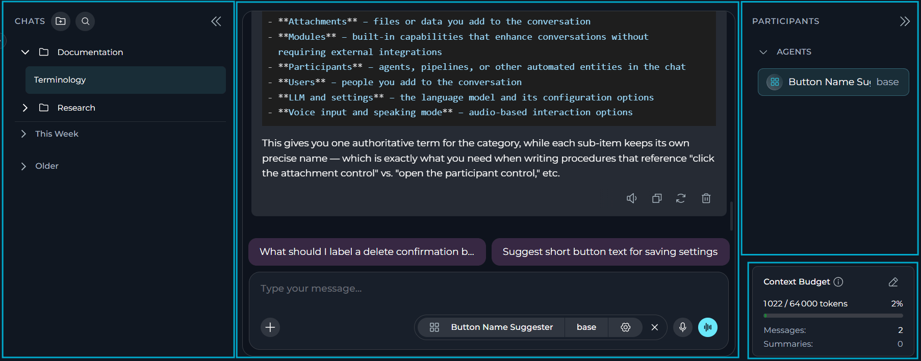 The Chat page with the CHATS sidebar, PARTICIPANTS panel, Context Budget widget, and main chat area labeled.