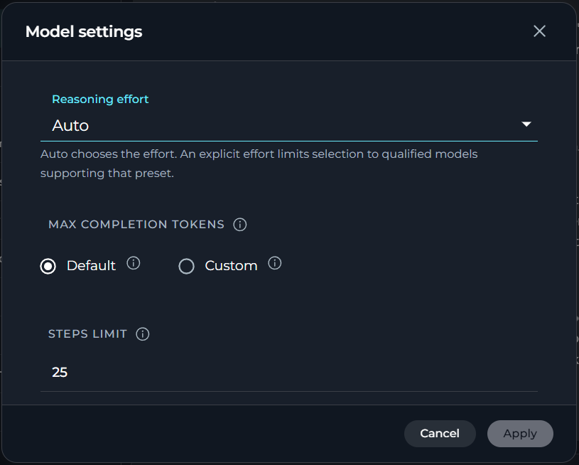 The Reasoning effort selector and Max Completion Tokens section in model settings when Auto is selected.