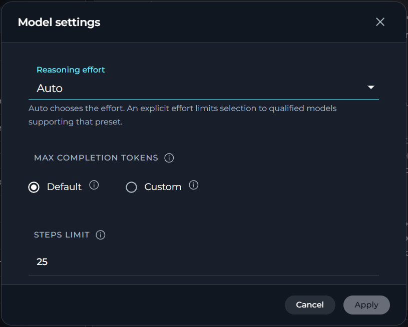 The Reasoning effort selector and Max Completion Tokens section in model settings when Auto is selected.