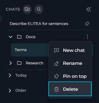The Delete option and confirmation dialog for a chat in the CHATS sidebar.