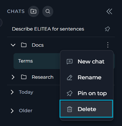 The Delete option and confirmation dialog for a chat in the CHATS sidebar.