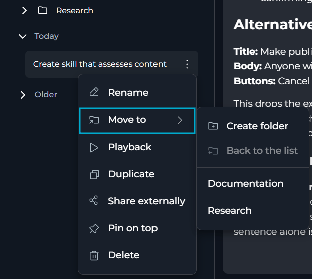 The Move to menu with a list of destination folders in a chat's overflow menu.