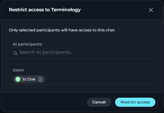 The Restrict access dialog with dropdown lists to select which AI participants and users keep access.