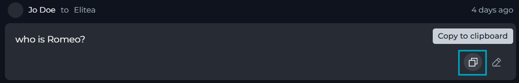 The Copy to clipboard icon highlighted among the action icons below a user message, with its tooltip visible.