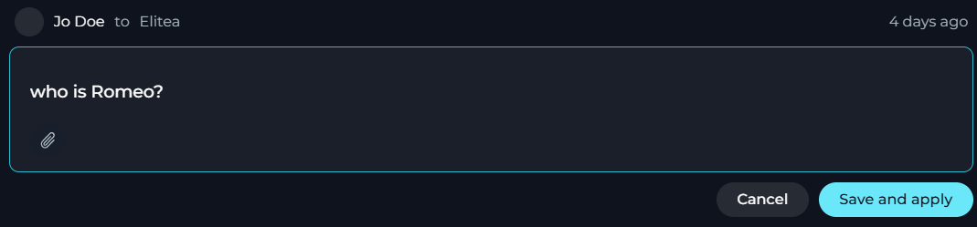 A user message in inline edit mode, with editable text, an attachment icon, and Save and apply and Cancel buttons.
