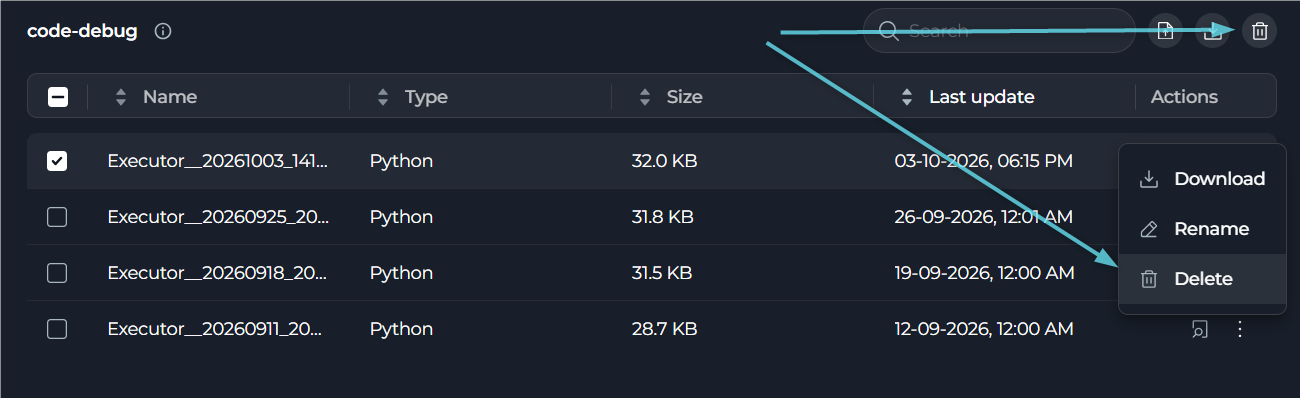 Animation showing how to delete files from a bucket.