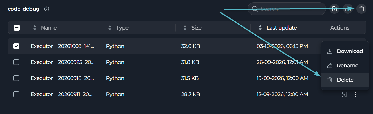 Animation showing how to delete files from a bucket.