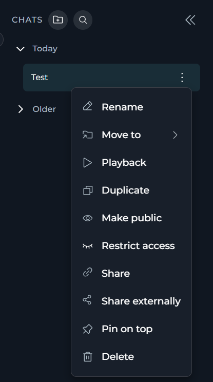 Chat actions menu in a team project