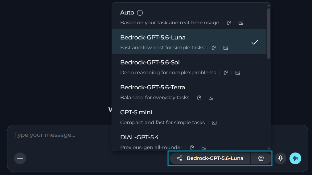 The model selector dropdown at the bottom of the chat.