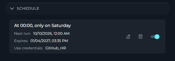 Schedule card on the index page showing schedule summary, next run date, and available actions.