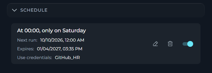 Schedule card on the index page showing schedule summary, next run date, and available actions.