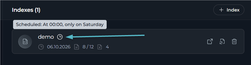 Clock icon next to an index name in the Indexes section indicating a configured schedule.