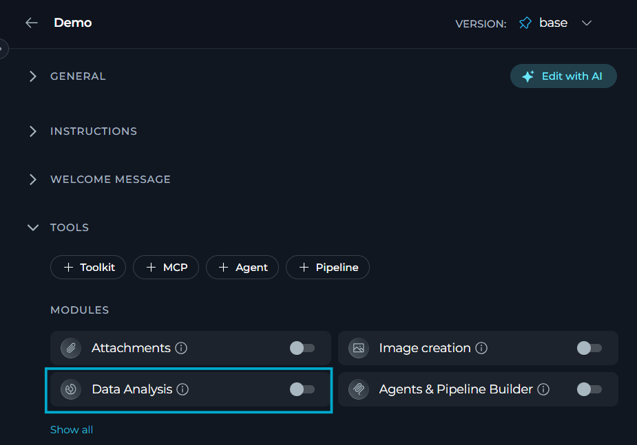Enable Data Analysis for agents