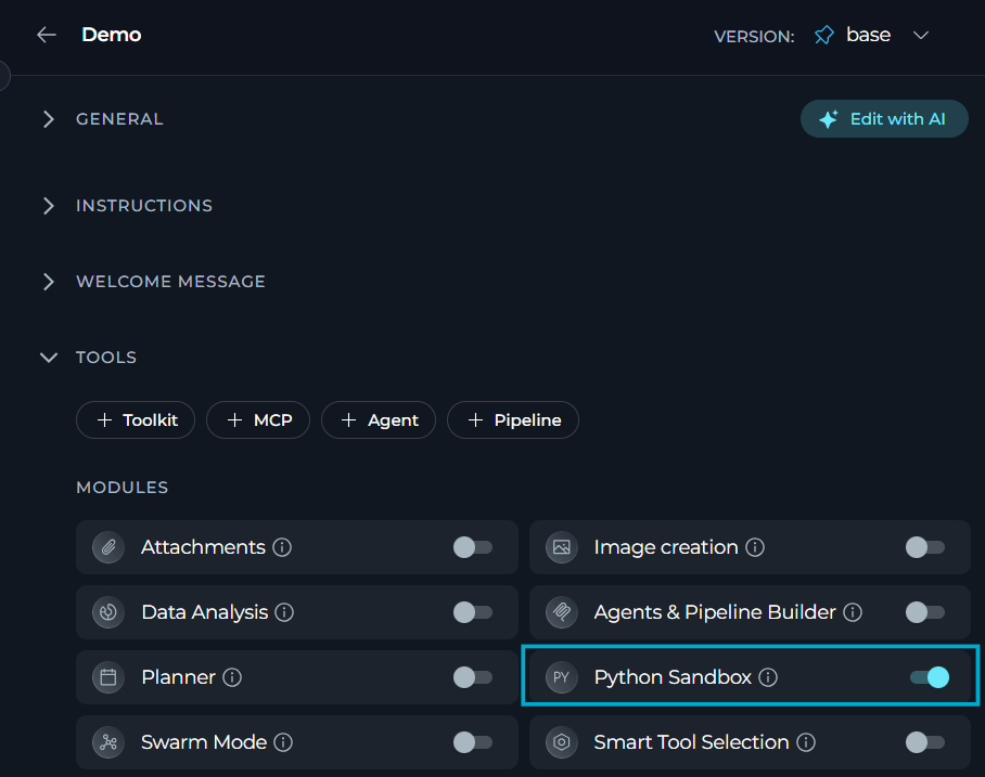 Enable Python sandbox for agents
