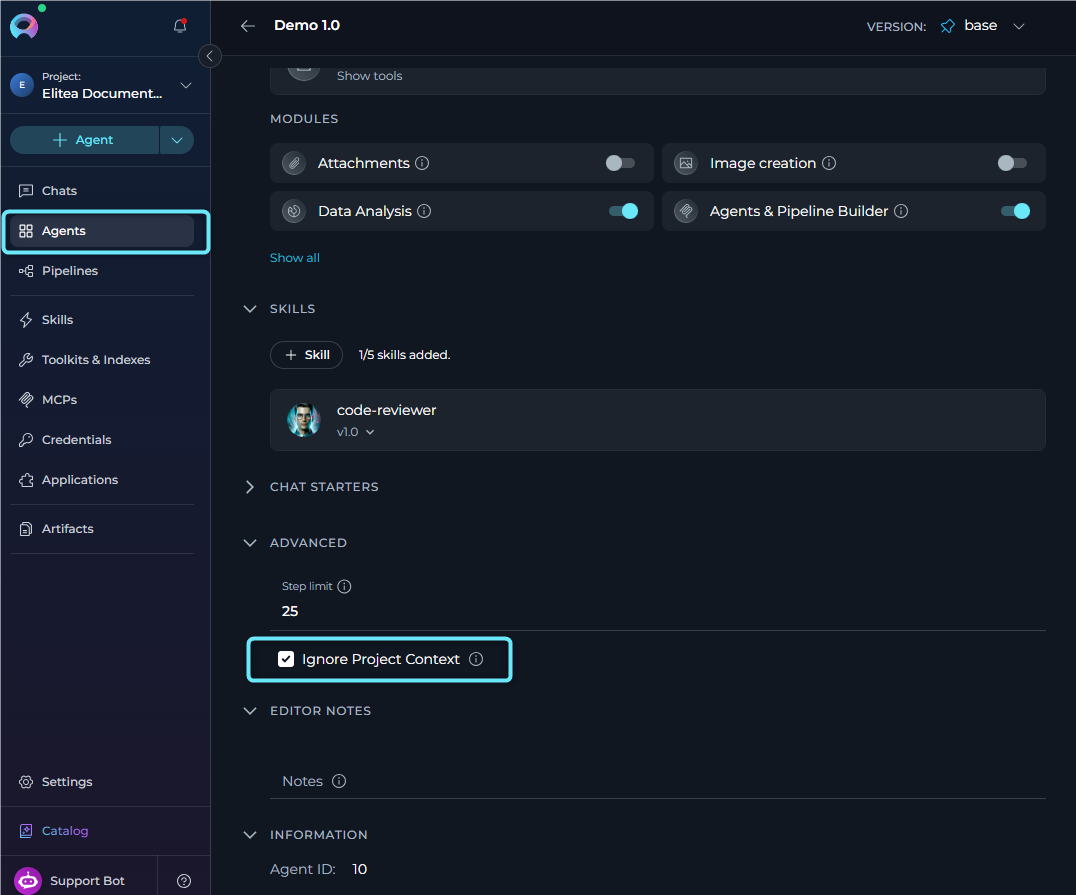 Ignore Project Context checkbox in the Advanced section of the agent configuration form.