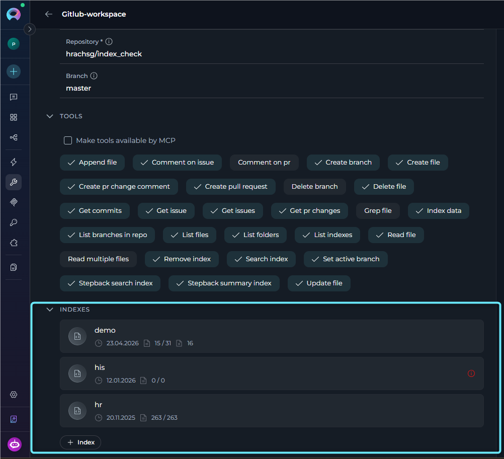 Indexes section in the toolkit configuration panel.