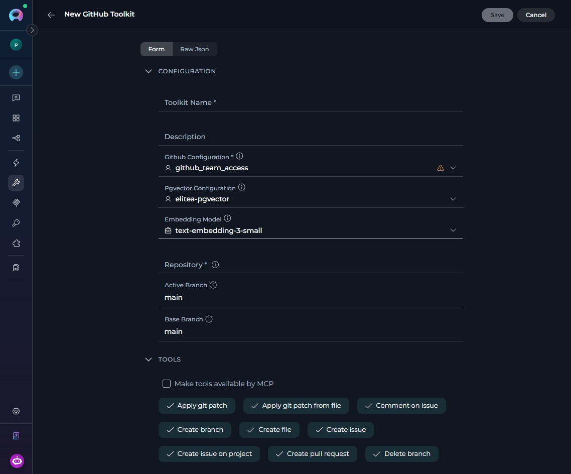 Toolkit configuration form.
