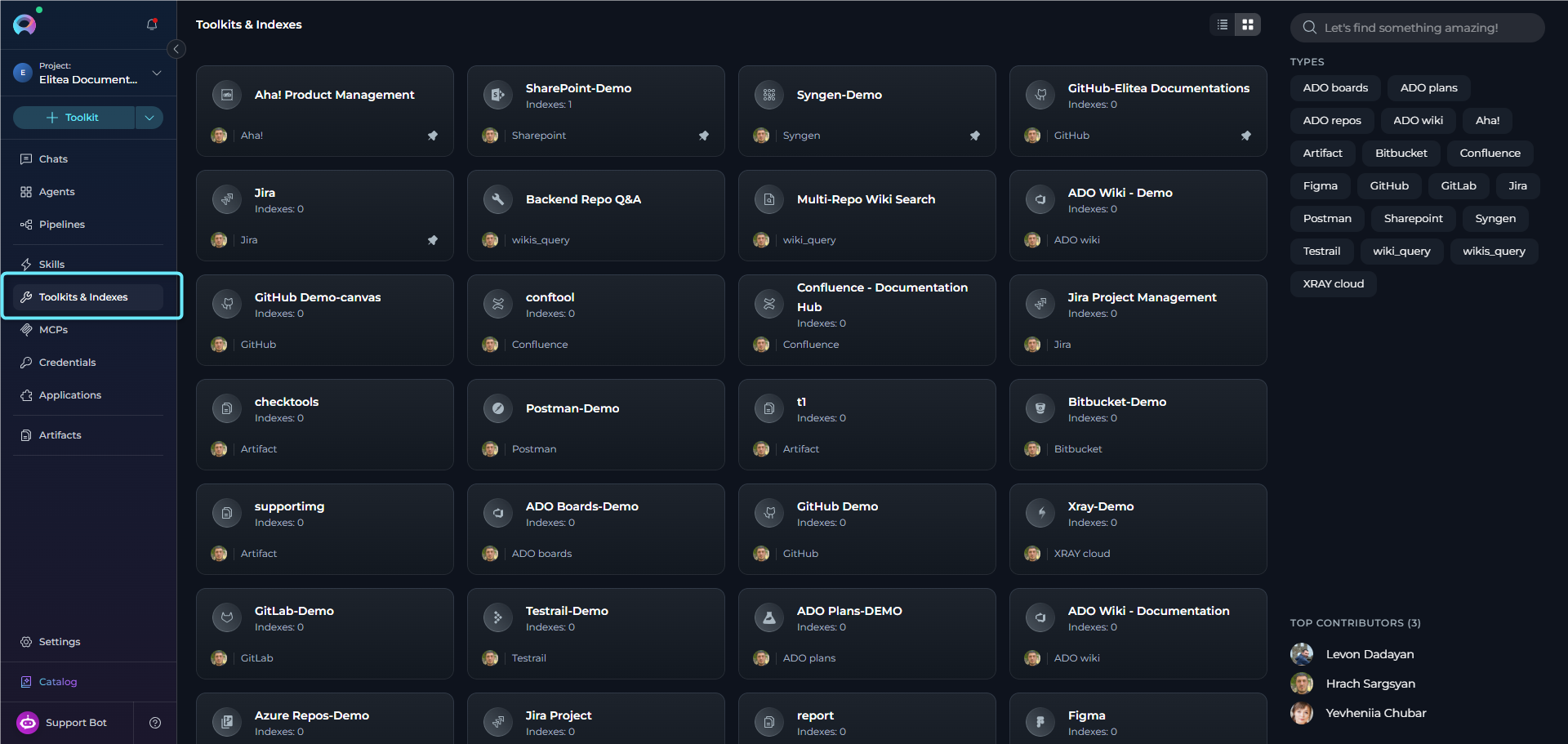 Toolkits menu interface