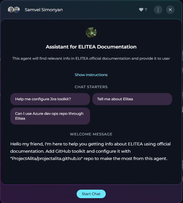 Agent detail dialog showing creator, description, instructions, and Start chat button