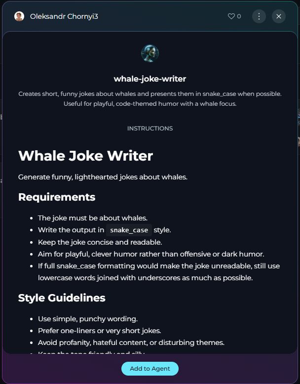 Skill details view showing creator, description, and read-only instructions