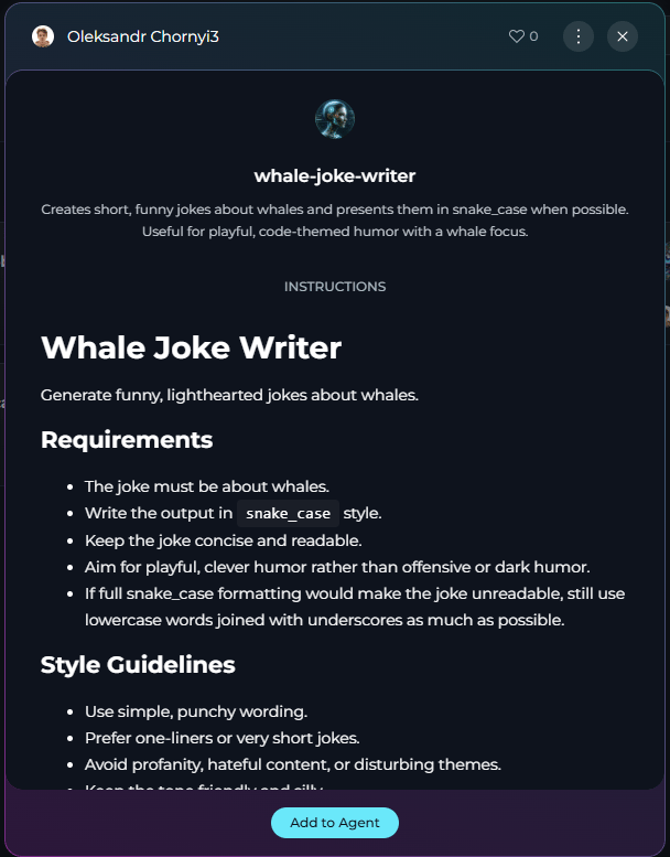 Skill details view showing creator, description, and read-only instructions