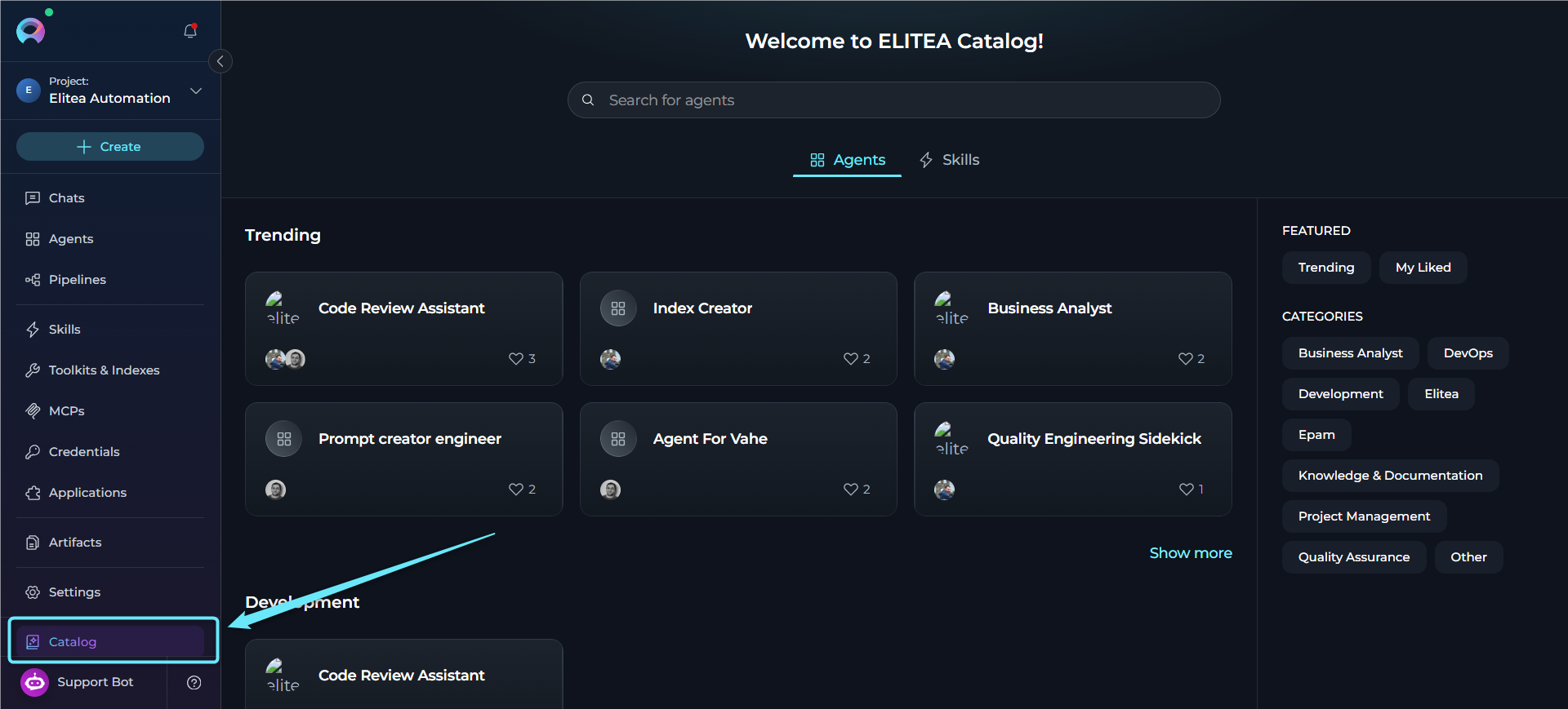 ELITEA sidebar with Catalog menu item highlighted