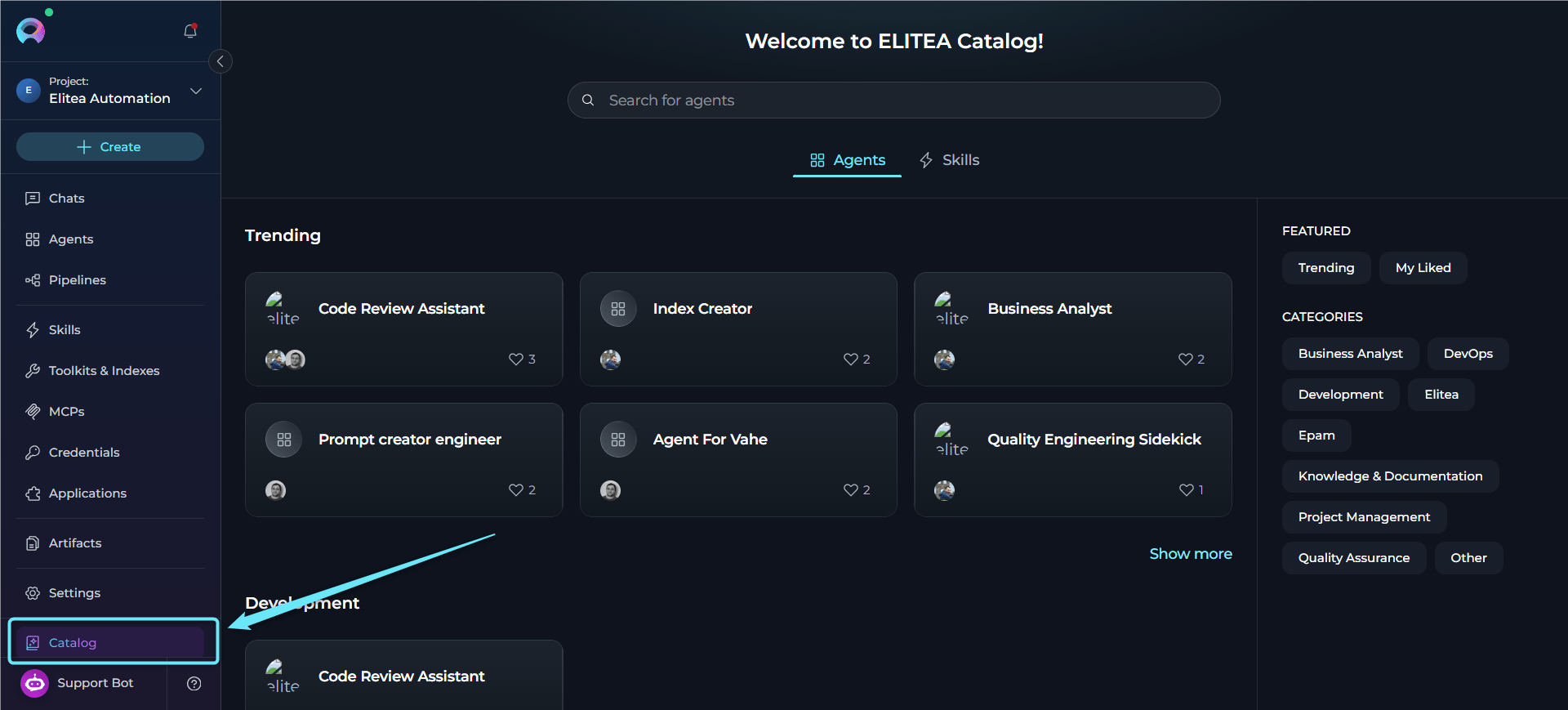 ELITEA sidebar with Catalog menu item highlighted