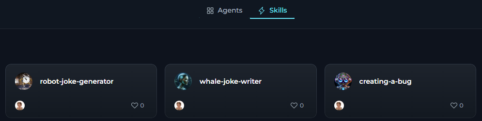 Skills tab showing published skill cards