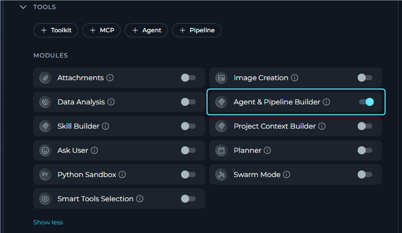 Enable Agent & Pipeline Builder in Agent Configuration
