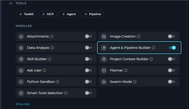 Enable Agent & Pipeline Builder in Agent Configuration