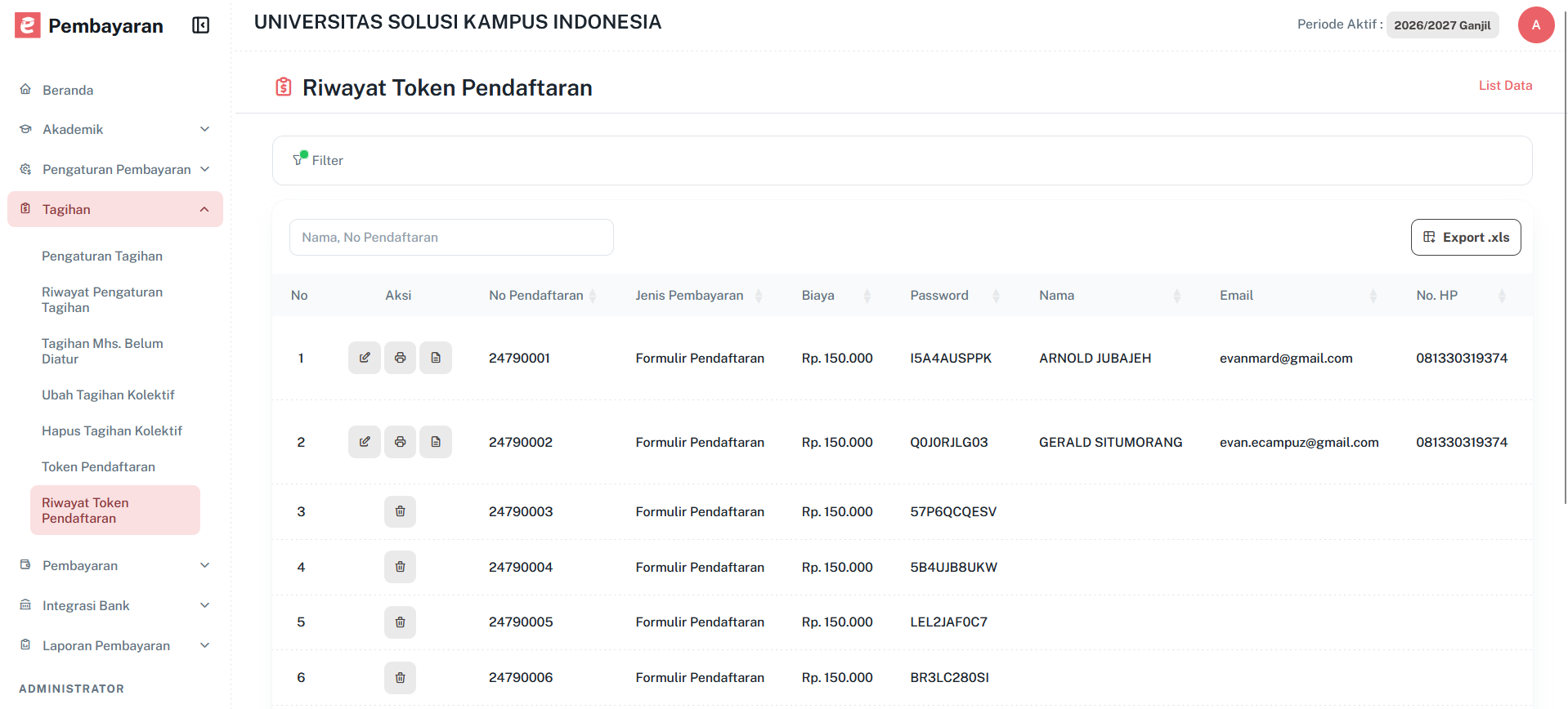 Halaman Riwayat Token Pendaftaran
