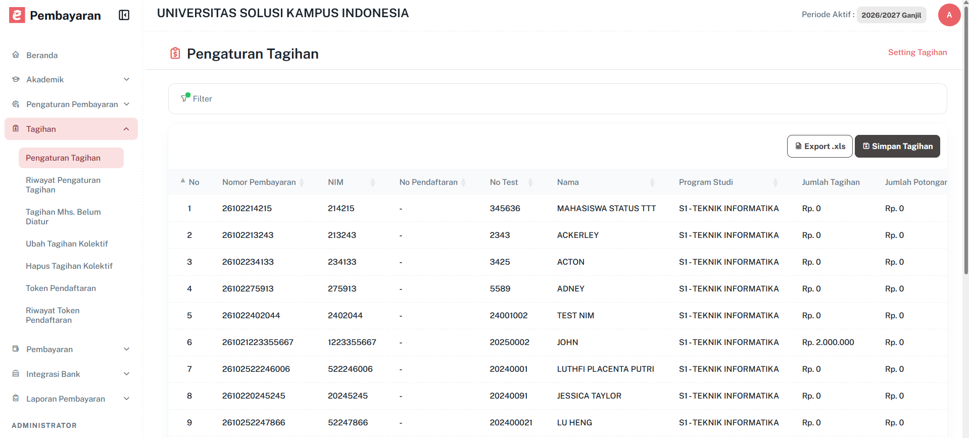 Halaman Pengaturan Tagihan