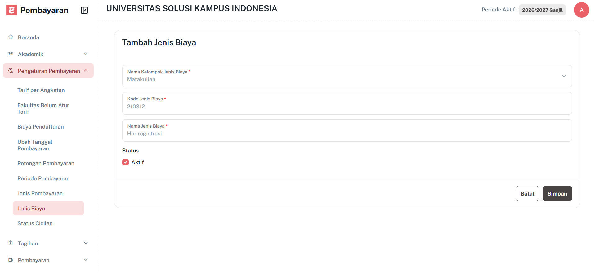 Halaman Tambah Jenis Biaya