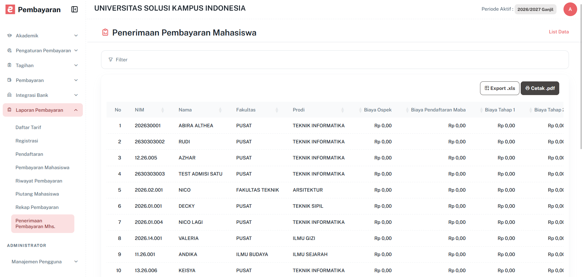 Halaman Penerimaan Pembayaran Mahasiswa 2
